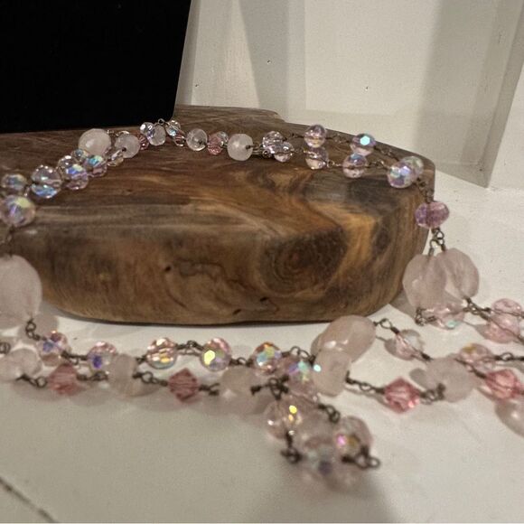 Vintage Jewelry - Sterling Silver Rose Quartz Czech Fire Polished Beaded Artisan Necklace 925
